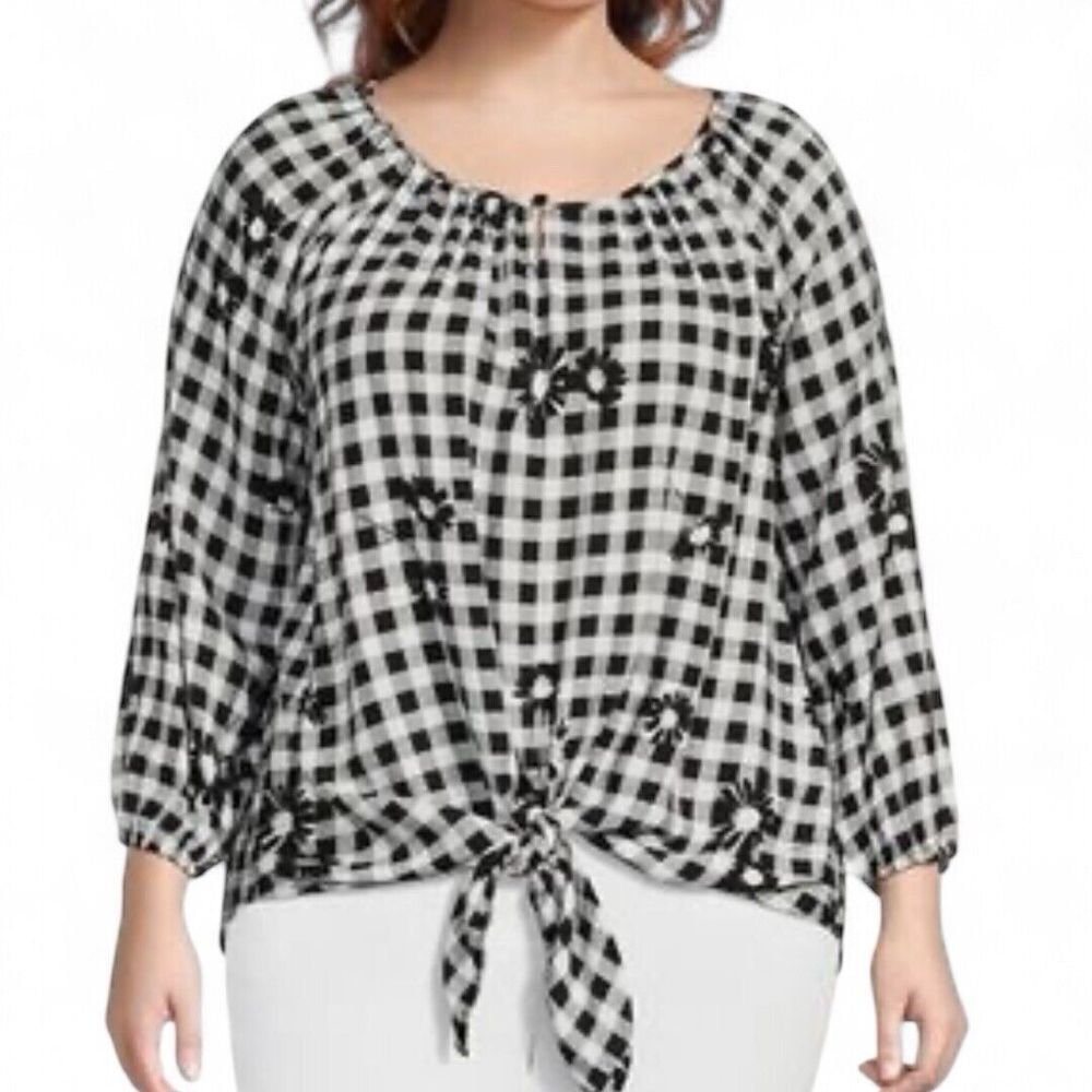 NWTAllison Daley $69 Gingham Floral Blouse Balloon Sleeve Tie Top Plus Size 3X